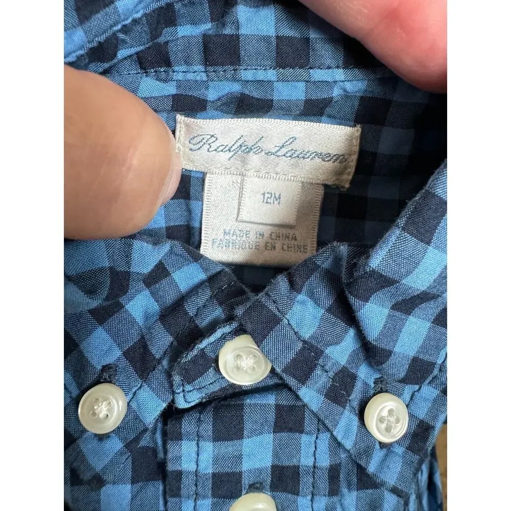 Ralph Lauren Boys Shirt Sz 12 Mo Dark Light Blue Check Long Sleeve Button Down‎